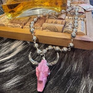 Silver and Pink Bull Skull Necklace